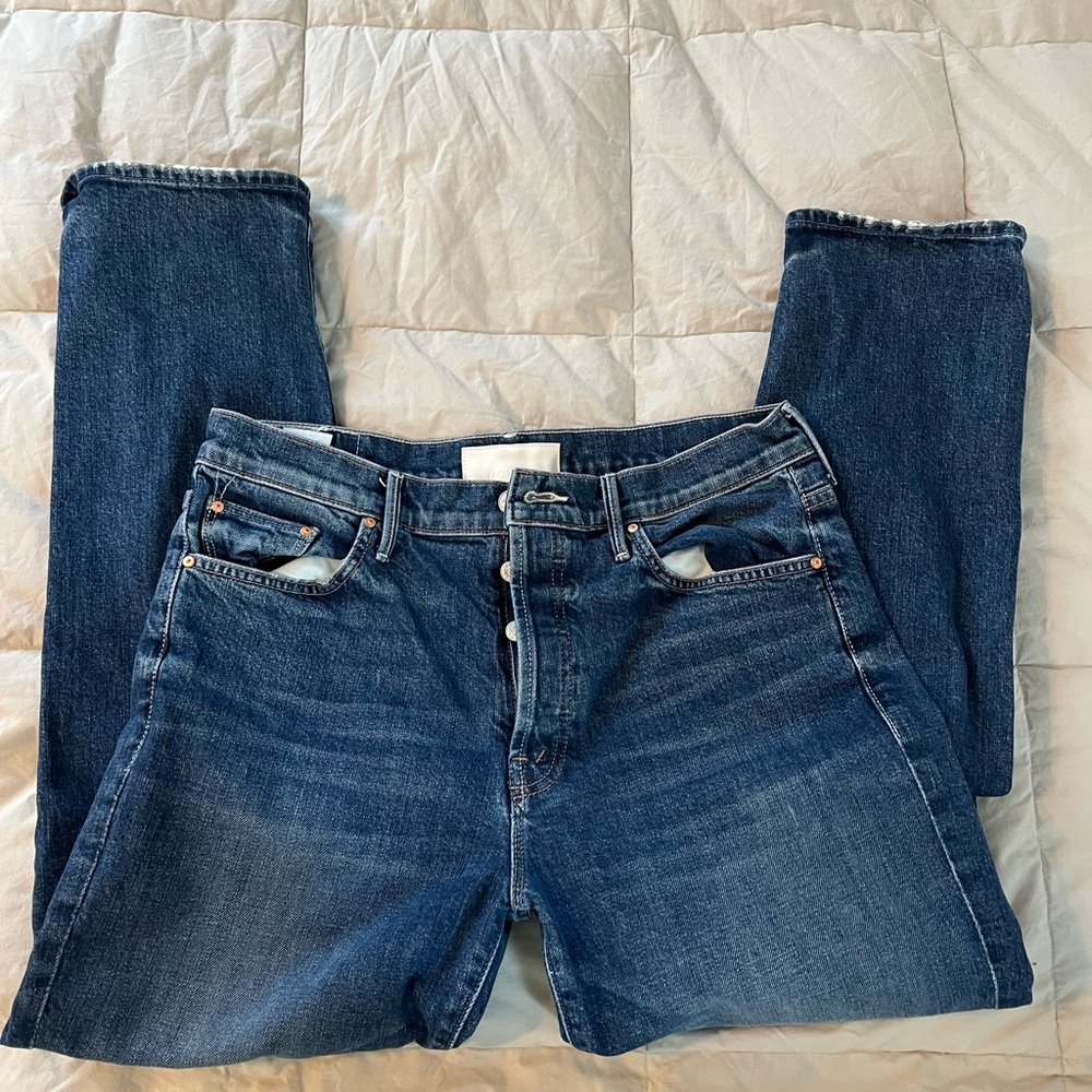 MOTHER Straight Leg Jeans in Mid/Dark Blue Wash